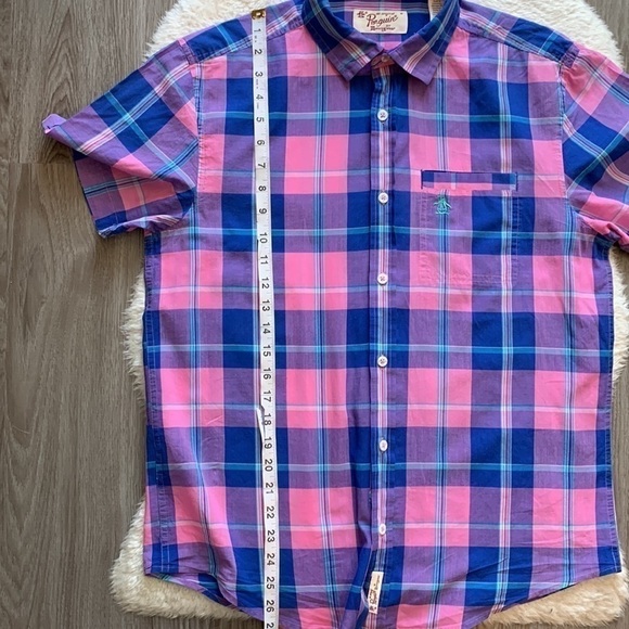 Penguin Original Classic Fit Pink Plaid Short Sleeve Shirt Size Medium - Picture 15 of 16